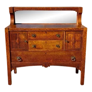 Early 20th Century Antique Arts & Crafts Mission Oak Sideboard Buffet With Mirrored Gallery