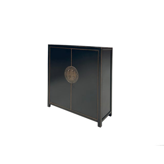 Asian Black Lacquer Zodiac Moon Face Hardware Credenza Storage Cabinet For Sale - Image 3 of 8