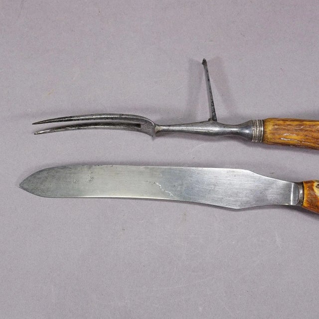 Antique Deer Horn Carving Set, Sheffield ca. 1900s - Set of 2 For Sale - Image 4 of 7