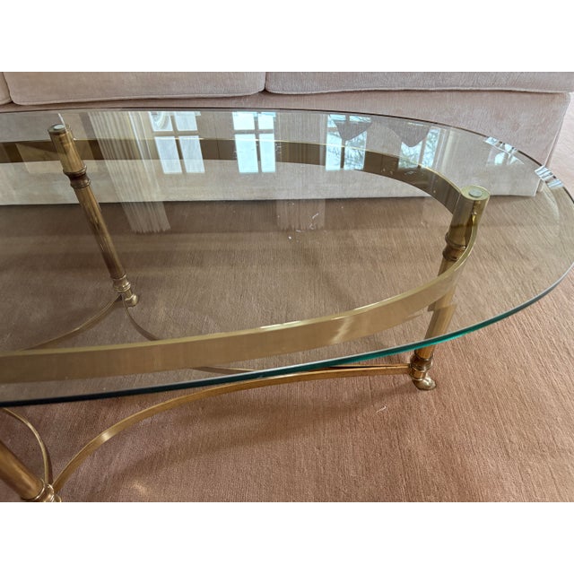 Beveled glass top in good condition, minor chips in small area, brass base has no loss of gold, no breaks, excellent...