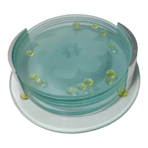 Mid-Century Modern Vintage Glass Frosted Flower Center Set of 6 Coasters With Stand