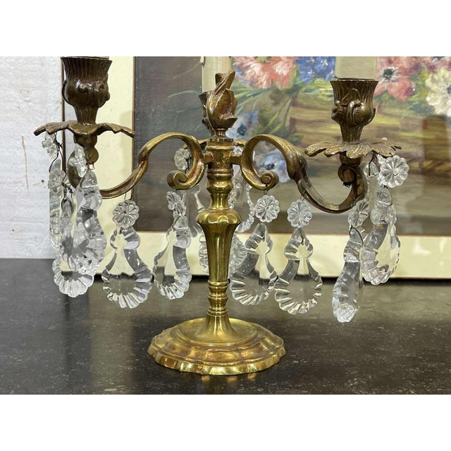 Pair of bronze chandeliers with crystal drops from the 1960s, possibility of electrifying them - H=27.5cm D=26cm.