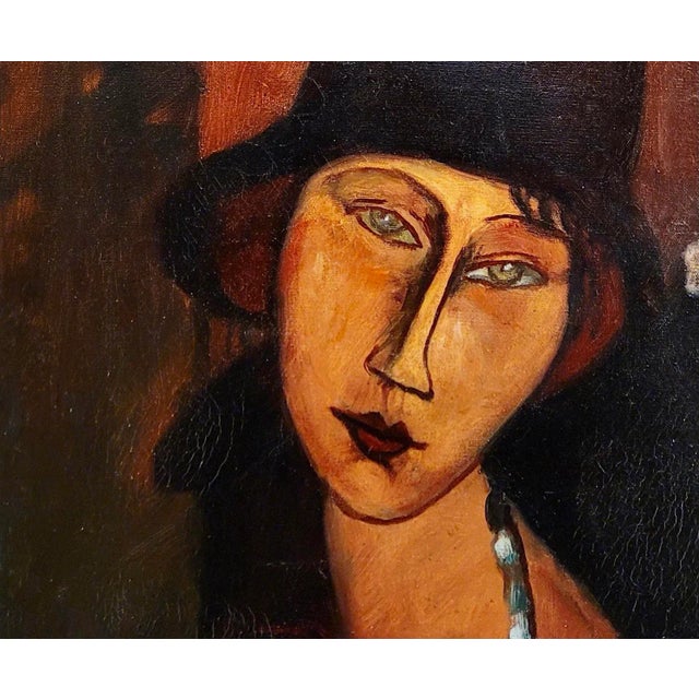 Mid-Century Modern After Modigliani - Portrait of a Girl W/ Hat & Necklace -1930s Oil Painting For Sale - Image 3 of 9