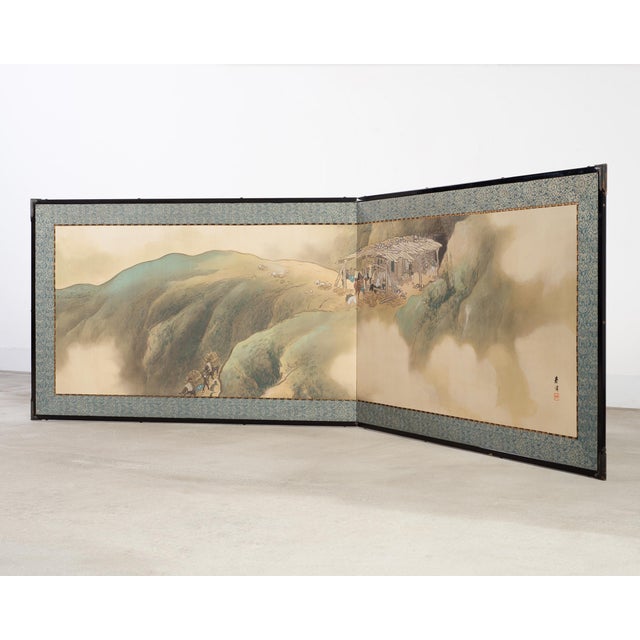 Japanese Taisho Two-Panel Landscape Screen Traveler Waystation For Sale - Image 15 of 18