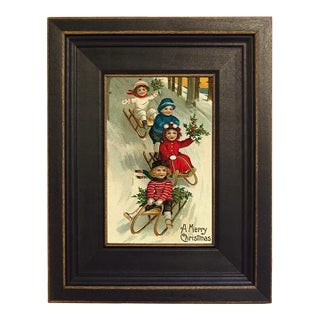 Victorian Children Christmas Sledding Framed Print on Canvas in Distressed Black Wood Frame For Sale