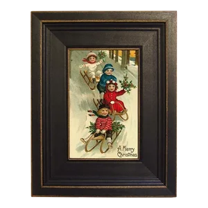 Victorian Children Christmas Sledding Framed Print on Canvas in Distressed Black Wood Frame