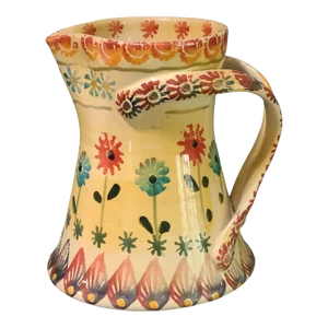 Mid 20th Century Vintage Hand Painted Sunny Yellow Floral Italian Terra-Cotta Pottery Double Handle Pitcher Vase