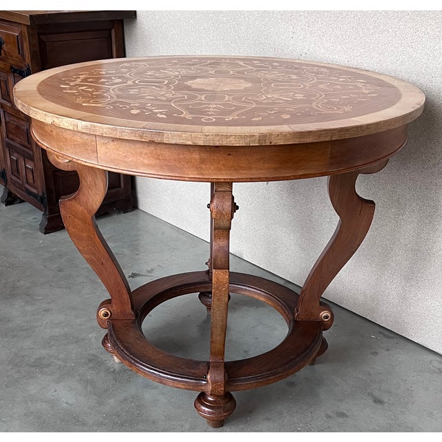 Brown 20th French Marquetry Round Center Table With Four Cabriole Legs '2 Available' For Sale - Image 8 of 11