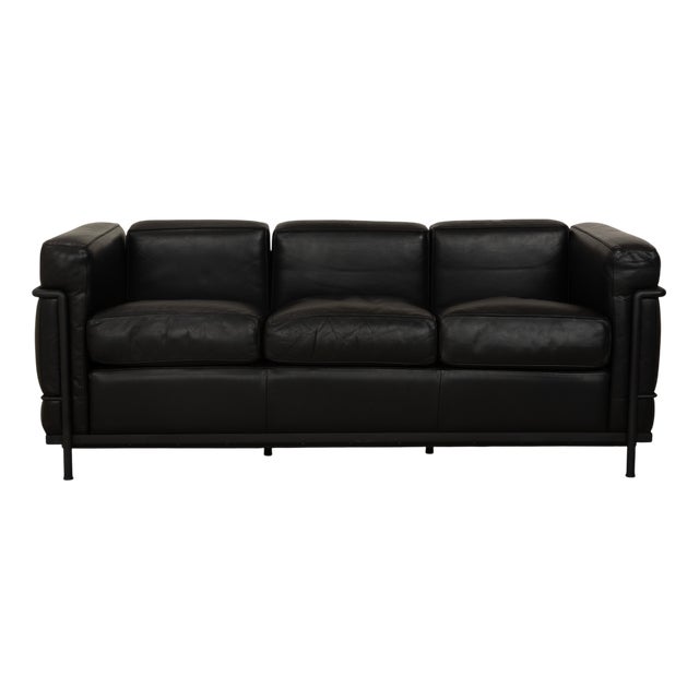 LC 2 3-Seater Sofa in Black Leather by Le Corbusier for Cassina For Sale