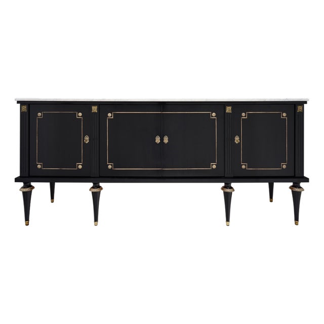 French Louis XVI Ebonized Mahogany Four-Door Buffet With Carrara Marble, Circa 1910 For Sale