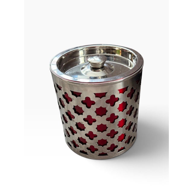 Postmodern Vintage Cynthia Rowley Chrome & Red Lattice Ice Bucket For Sale - Image 3 of 7