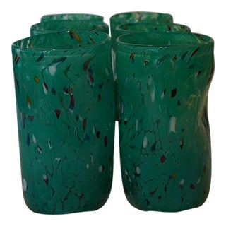 Italian Goto Murano Handmade Drinking Glasses, Set of 6, Green For Sale