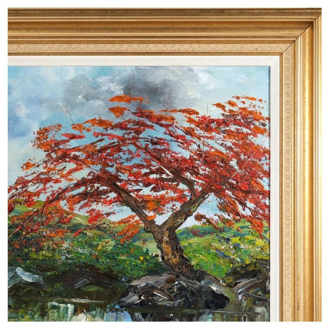 Post Impressionist Lakeside Red Tree Oil on Canvas in Gilt Frame For Sale - Image 3 of 4