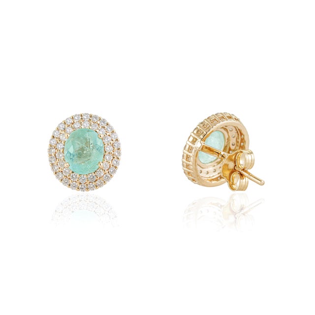 Metal 1.93cts Double Halo Diamond Set Paraiba Tourmaline Earrings in 14k Gold- A Pair For Sale - Image 7 of 16