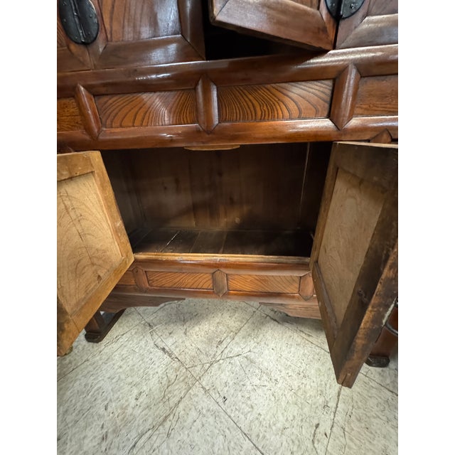 Vintage Korean-Style Wooden Storage Tansu Cabinet With Lattice Doors & Iron Hardware For Sale - Image 9 of 12