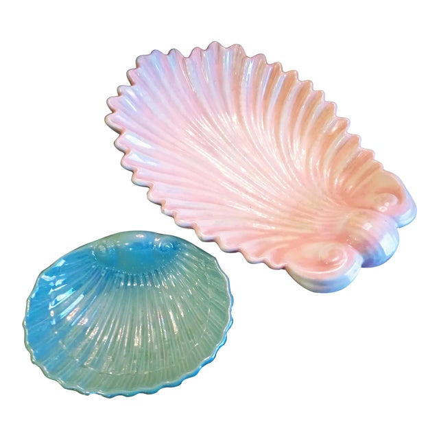Coastal Shimmery Metallic Pink, Green Seashell Shaped Catchalls Plates- a Pair For Sale