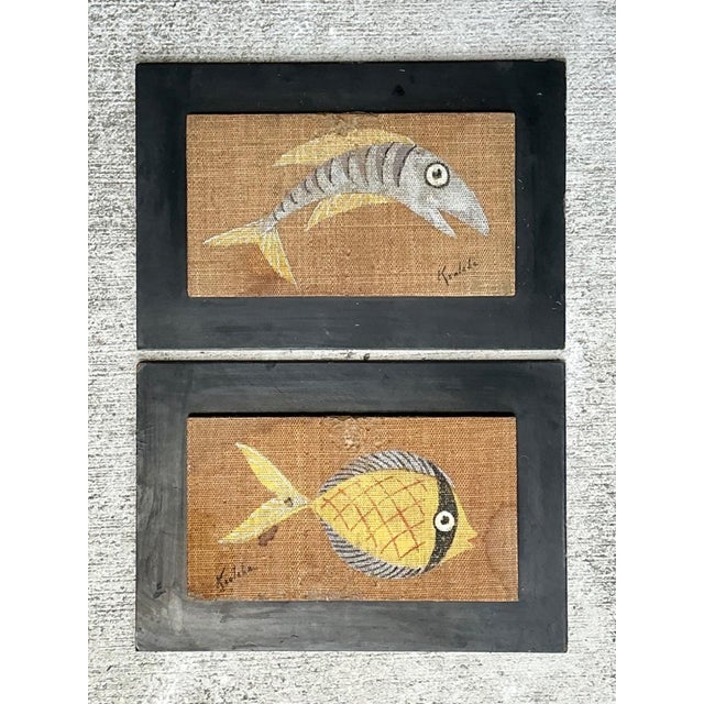 Vintage MCM Fish Motif Paintings on Burlap - Pair For Sale - Image 9 of 13