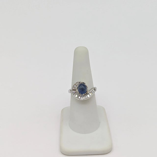 Blue Sapphire Oval Cabochon and White Diamond Ring in Platinum, size 7.25 For Sale - Image 4 of 7