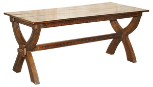 Vintage Jacobean English Hand Carved Trestle Dining Table English in Oak, 1950s