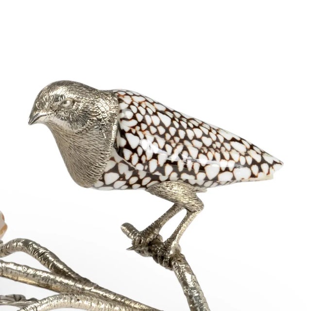 Wonderfully large kabibi shell leaves forming a tray over watched by a silver plated bird with a marble cone shell body.