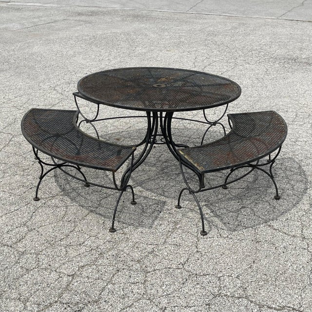 Mid-Century Modern Mid 20th Century Woodard Round Patio Table with Three Benches, Attributed For Sale - Image 3 of 11