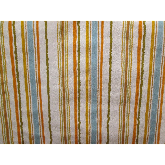 Vintage 1970s Mid-century modern striped pattern wallcovering featuring vertical blue, brown, and orange stripes on a...