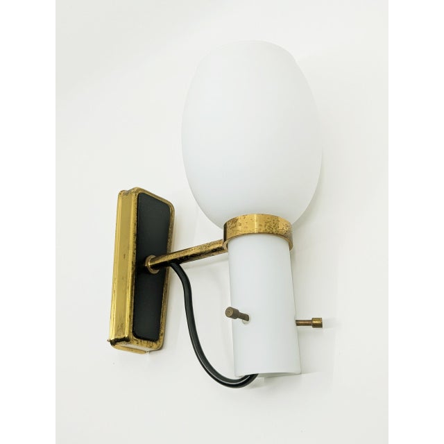 Mid-Century Italian Black Metal, Brass and Opaline Glass Sconces, 1950s, Set of 2 For Sale - Image 16 of 18