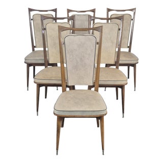 High-Backed Chairs with Cream-Colored Faux Leather Upholstery, 1950s, Set of 6 For Sale