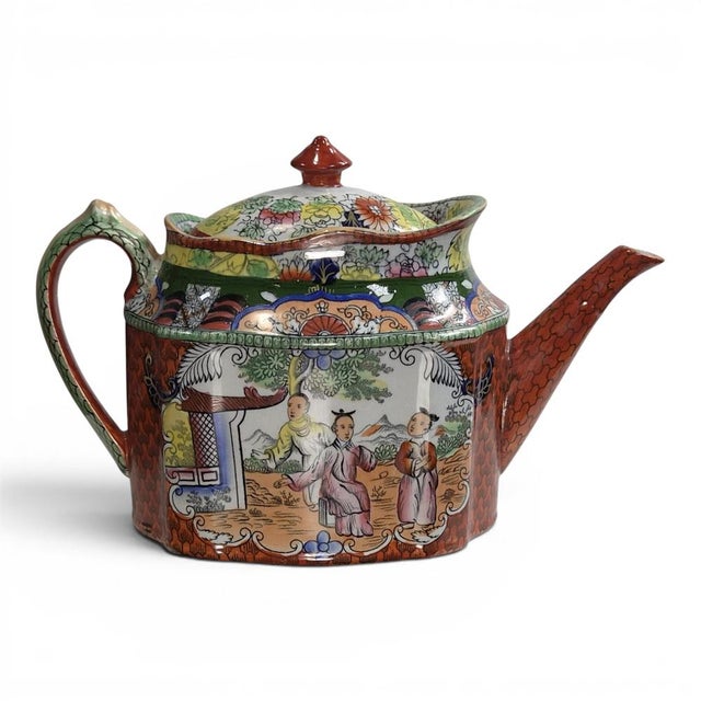 Patent Ironstone New Oval Teapot with Red Scale Conversation Decor, 1820-1830 For Sale - Image 12 of 12