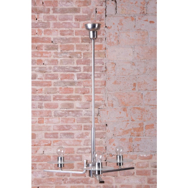 Silver Bauhaus Chandelier in Nickel-Plated Steel and Opaline Glass, Czech, 1930s For Sale - Image 8 of 13