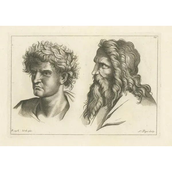 The engraving, attributed to the "Recueil de XC Têtes" series, displays two male profiles with distinctive expressions and...