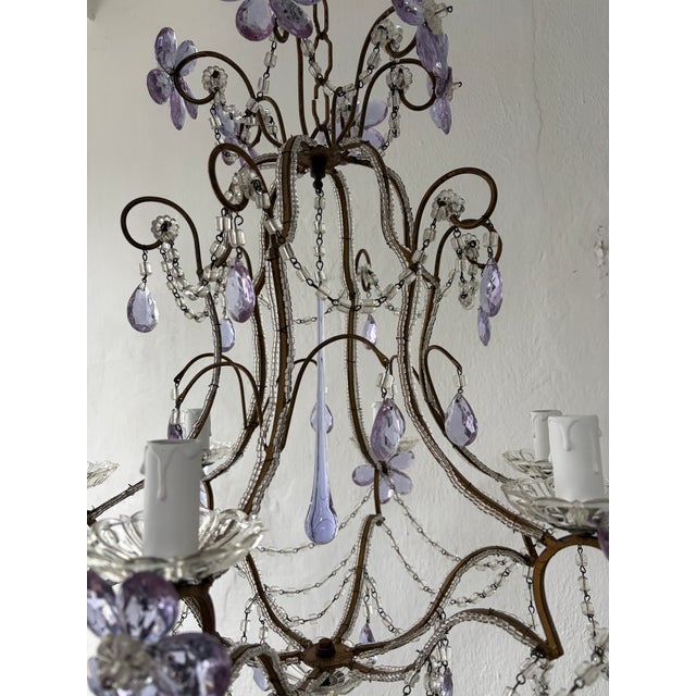 French Rare Lavender Purple Crystal Prisms Murano Beaded Chandelier Lilac 1930 For Sale - Image 4 of 9