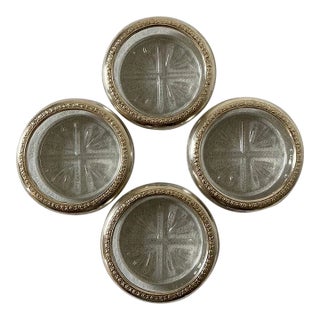 Antique Early 20th Century Glass Cocktail Drinks Coasters Wrapped With Sterling Silver- Set of 4 For Sale