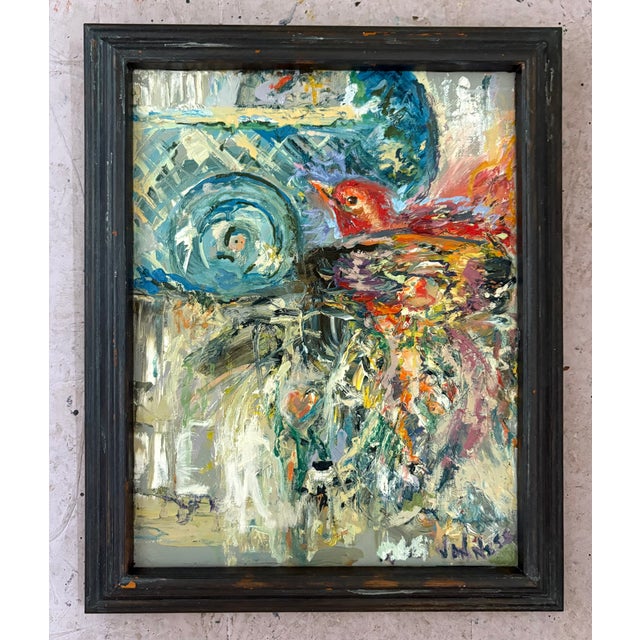 Wood "Bird on Its Ladder", Framed, Oil Painting, Aviary Art For Sale - Image 7 of 7