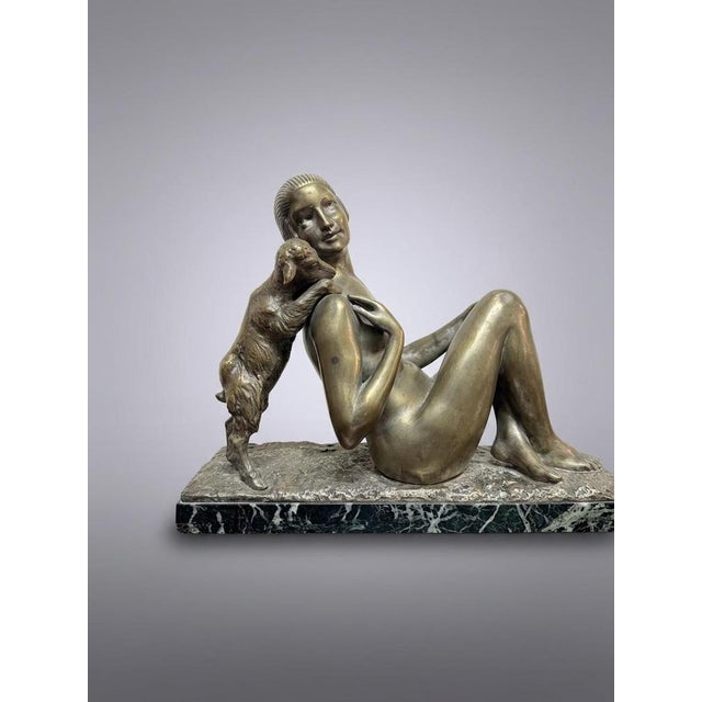 1920s Germain Oury Desruelles, Art Deco Statue of Nude Woman with Lamb, 1925, Bronze on Marble Base For Sale - Image 5 of 6
