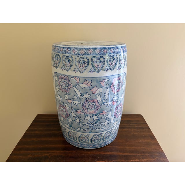 Ceramic Chinoiserie Floral Blue, White, and Pink Porcelain Garden Stool or Side Table For Sale - Image 7 of 7