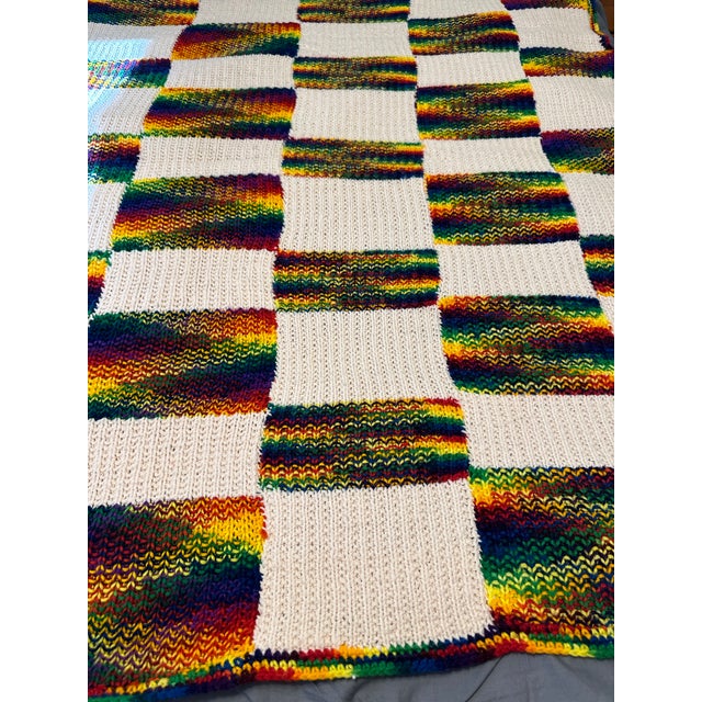 Textile Vintage Hand Knit Grannie Square Checkered Afghan Throw For Sale - Image 7 of 11