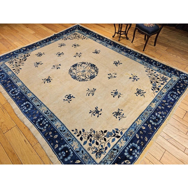Antique Chinese Peking Rug, Hand-Knotted Wool, Floral Design, Ivory, 9' x 12' For Sale - Image 10 of 18