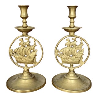 Vintage Solid Brass Ship Candle Sticks Holders Double Sided - a Pair For Sale