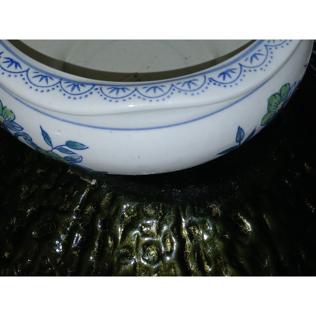 Traditional Vintage Scalloped Edge Ceramic Planter Pot With Blue and Green Floral Pattern For Sale - Image 3 of 8