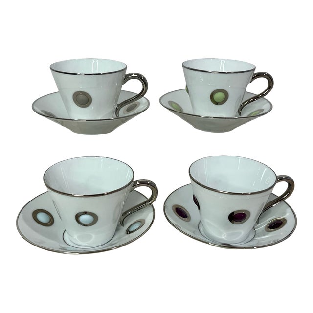 Bernardaud Ithaque Platinum Cup & Saucer Sets Limoges Porcelain O. Gagnere - 4 Sets For Sale