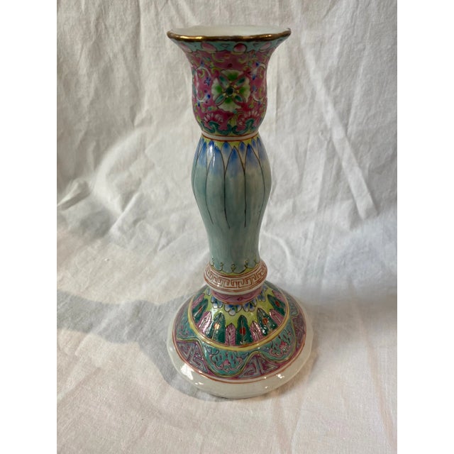 Ceramic Pastel Hand Painted Candle Stick Holder For Sale - Image 7 of 8