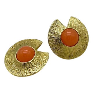 1980s Givenchy Gold Textured Clip-on Earrings With Orange Cabochons For Sale