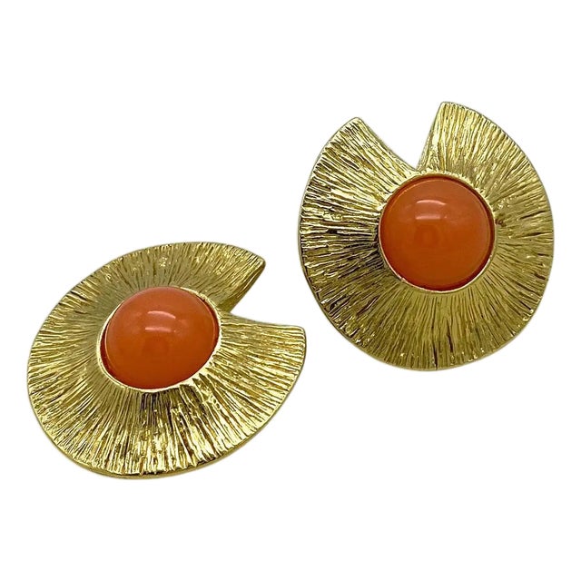 1980s Givenchy Gold Textured Clip-on Earrings With Orange Cabochons For Sale