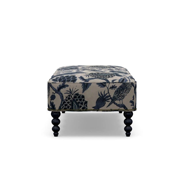 Transitional Mirasol Scalloped Ottoman, Indigo Botanical Cotton with Navy Legs For Sale - Image 3 of 7