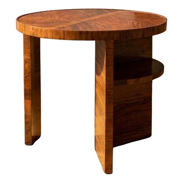 Art Deco Round Wood Side Table with Shelf For Sale