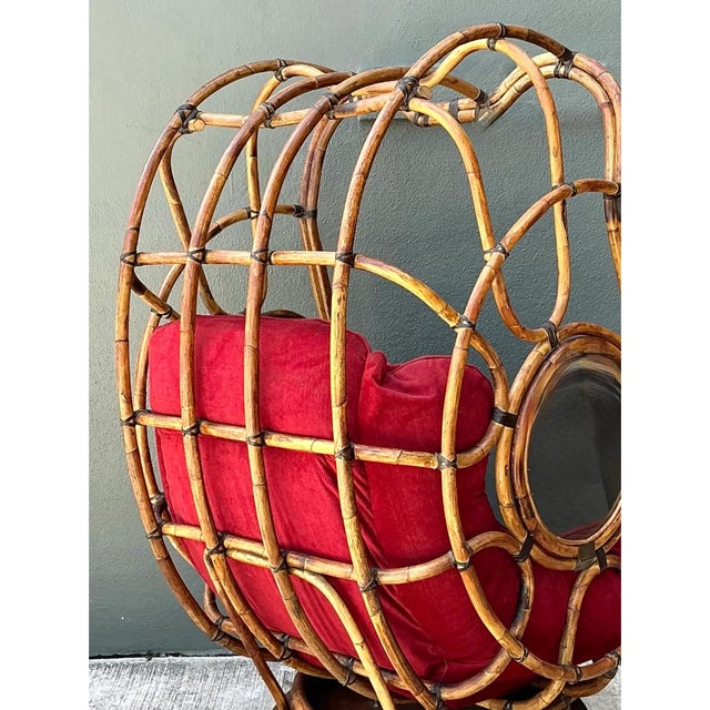 Late 20th Century Vintage Bent Rattan Swivel Lounge Chair With Flip Down Side Tables For Sale - Image 5 of 12