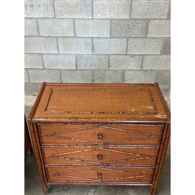 Wood 1980s Vintage British Colonial Style Burnt Bamboo and Rattan Chests / Dressers- A Pair For Sale - Image 7 of 12