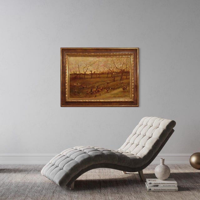 Great Italian painting from the mid-20th century. Framework oil on canvas depicting countryside landscape with farmyard...