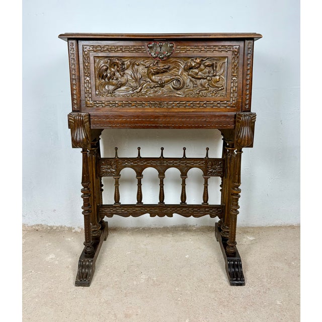 1940s Spanish Carved Wood Bargueño with Figural Decoration, 1940 For Sale - Image 5 of 14